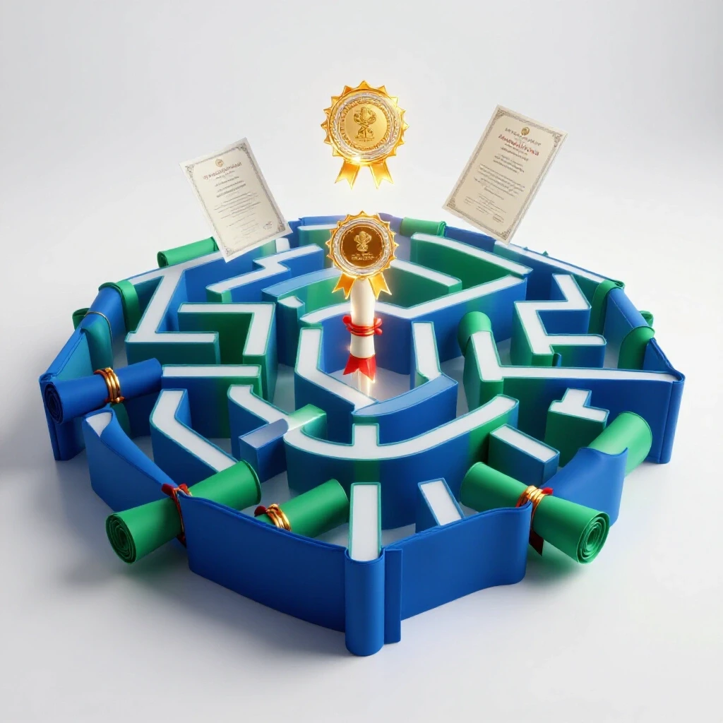 A maze of vibrant diplomas and certificates transforms into shining achievement badges against a bright white background.