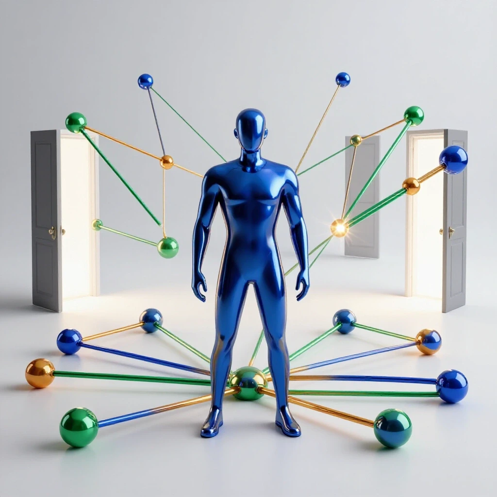 Metallic figure stands at the center of glowing connected nodes with bright paths leading to open doorways