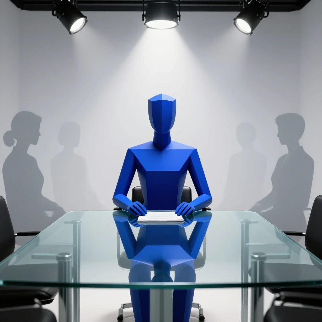 Confident blue geometric figure seated at a glass interview table under a spotlight, ghostly silhouettes in background