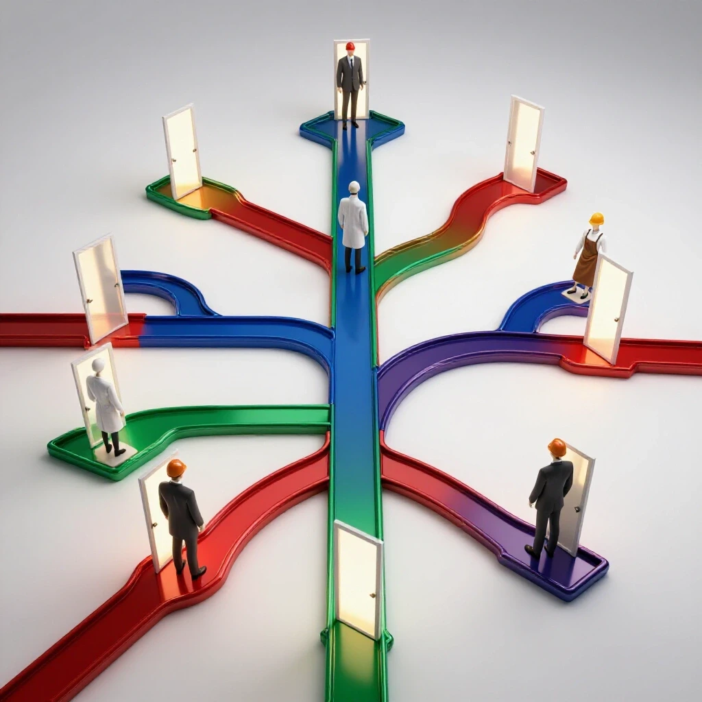 Branching pathways with mannequins in professional attire leading to glowing doors, symbolizing career options