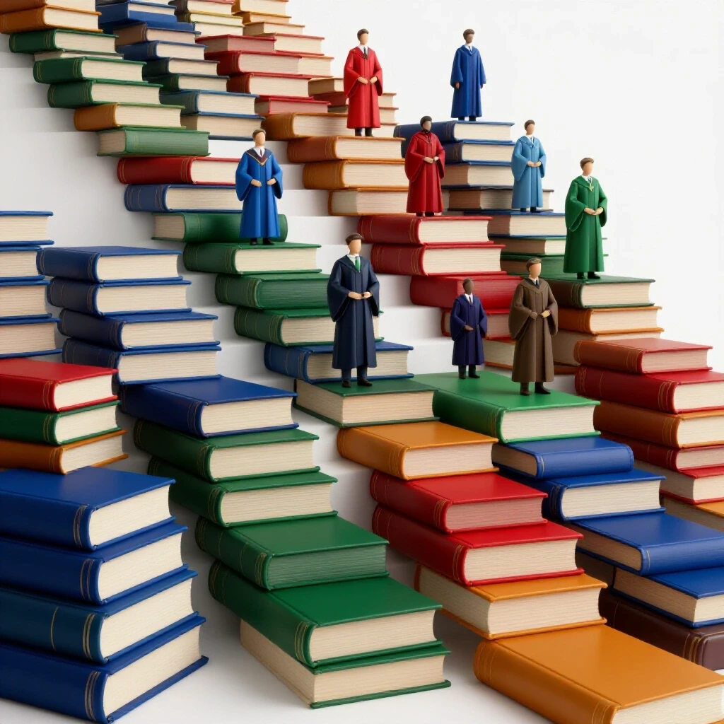 A vibrant staircase of colorful books ascends into a bright academic hall, with abstract figures in elaborate academic robes at each step.