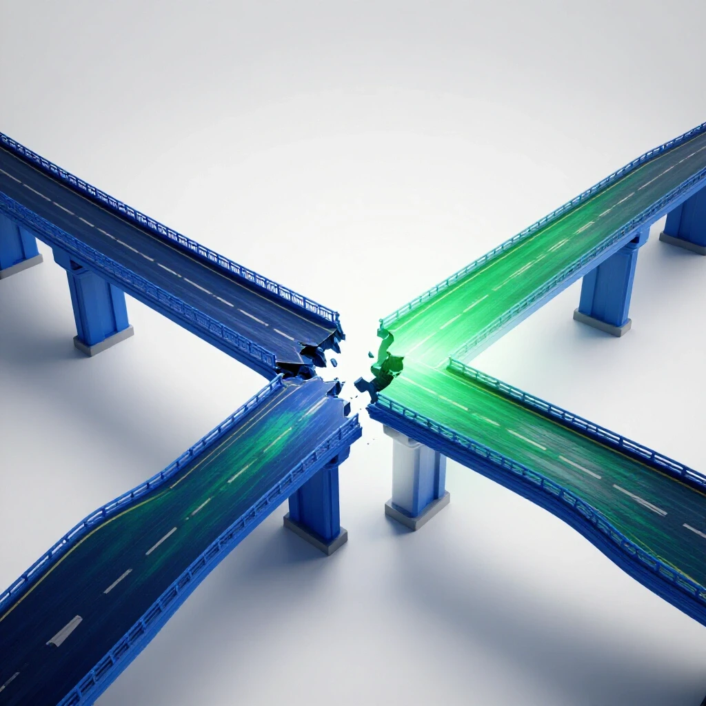 A broken bridge splits into two paths—one into darkness, the other glowing with branching roads and vibrant colors.