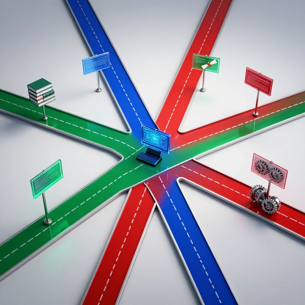 Vivid crossroads with glossy colored paths branching to academic books, tech devices, and industry gears under bright lighting