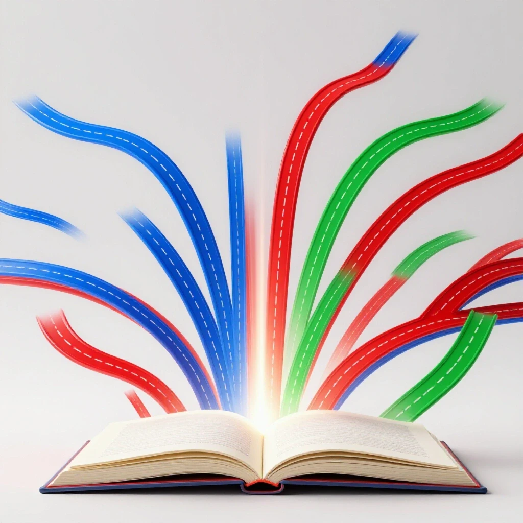 Open handbook radiating light, with colorful branching pathways emerging, on a bright white background