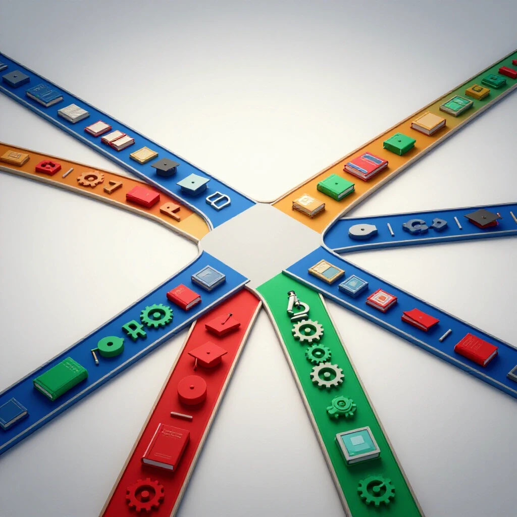 Bright, modern image of a crossroads with vibrant academic symbols branching out on colored paths, representing decisions in education.
