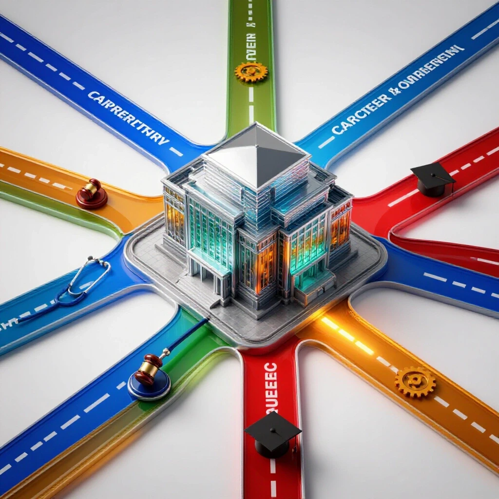 Diverse career pathways in vibrant colors converge toward a radiant, structured institution symbolizing programmatic accreditation