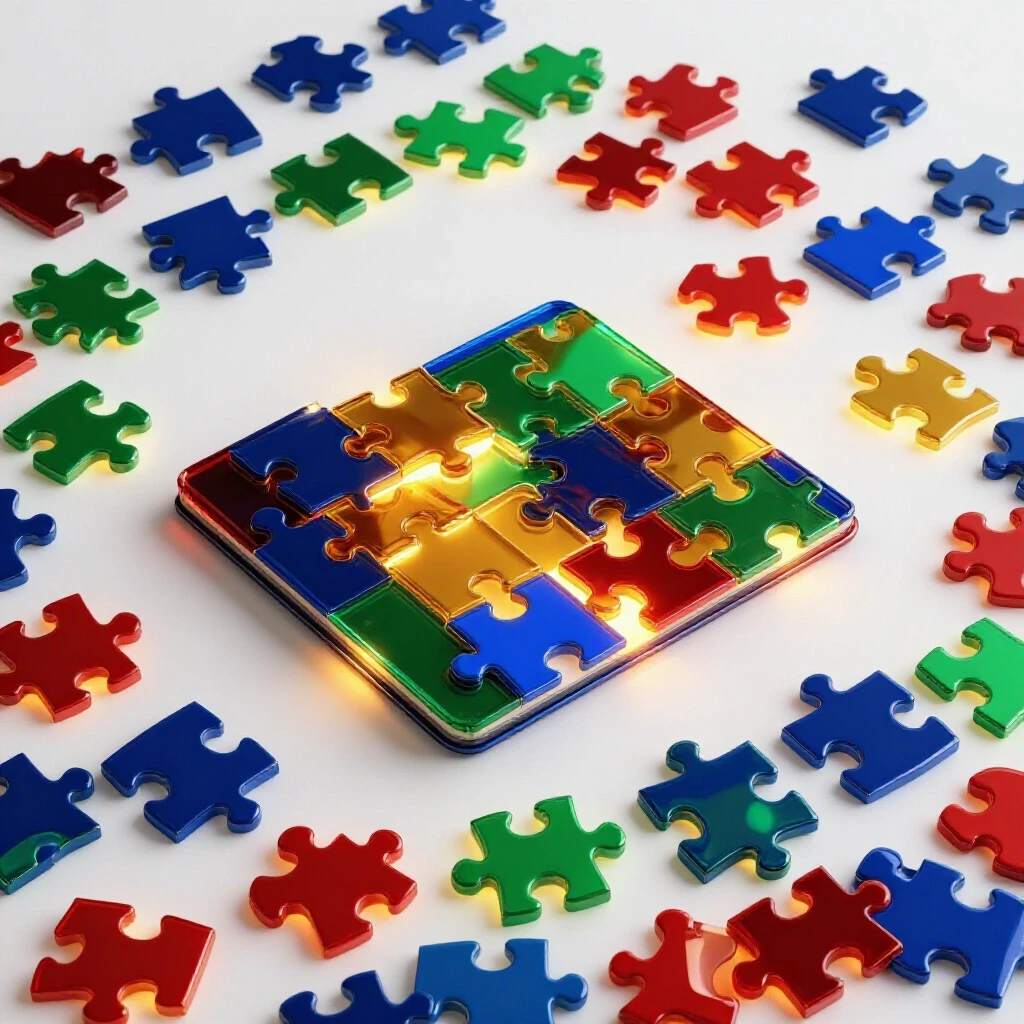 Colorful glowing puzzle pieces merging into a digital portfolio folder on a bright white background