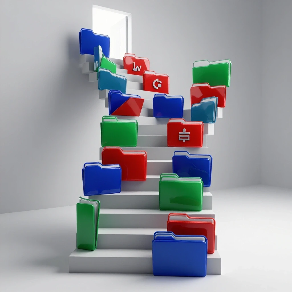 Staircase of bold, oversized project folders and digital icons leading to a bright doorway on a white background