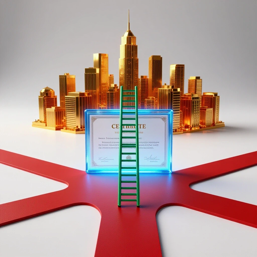 A luminous certificate and a metallic ladder at a crossroads leading toward a glowing city skyline on a bright background.