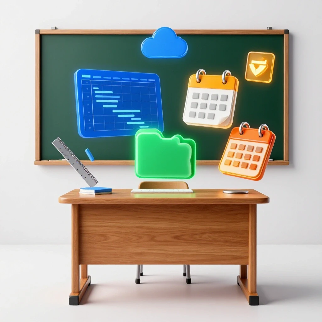 Classic classroom desk and chalkboard transforming into colorful digital project management icons on a bright background.