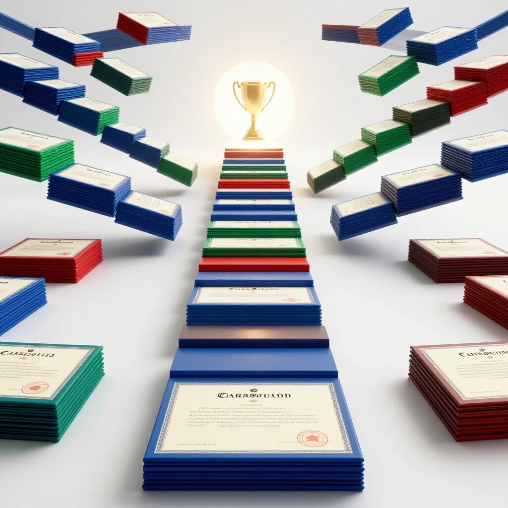 A series of brightly colored certificate stepping stones ascend toward a glowing opportunity on a white background.