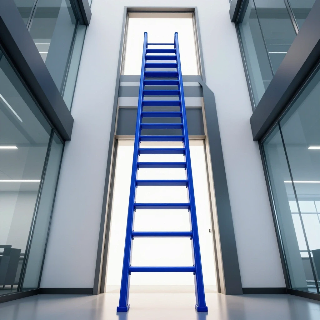 A vibrant blue metallic ladder leads to a bright office doorway, symbolizing career advancement opportunities.