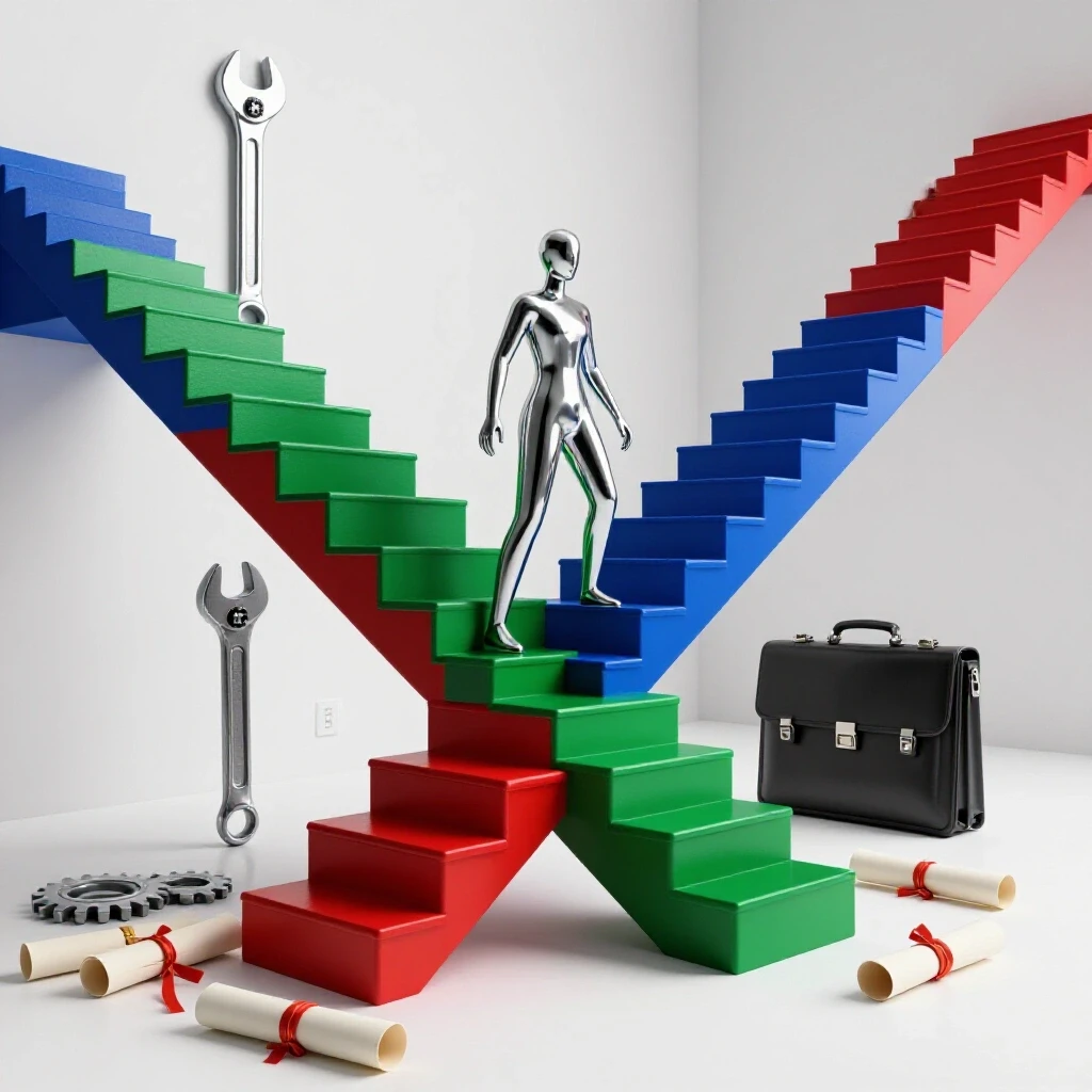 Abstract figure ascends staircase of vivid work tools and symbols, leaving diplomas below in bright studio setting.