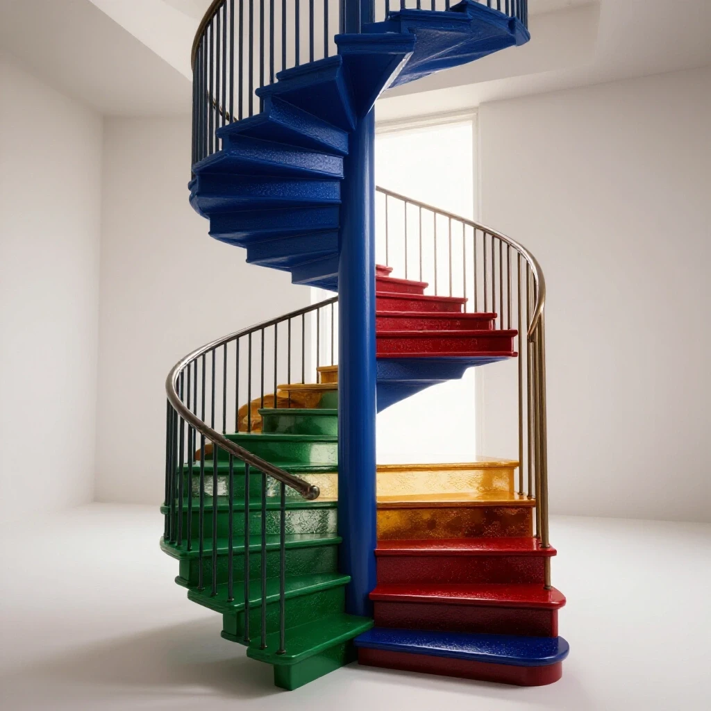 Vivid spiral staircase of colorful, textured steps leading to a glowing doorway on a bright white background