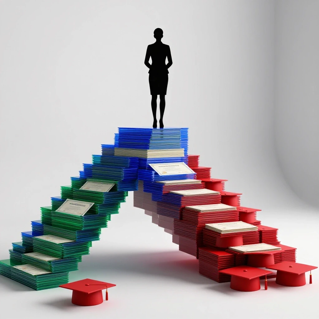 Two staircases, one of certificates and one of graduation caps, rise upward in a bright studio with a figure atop the certificates, showing alternative paths to promotion.