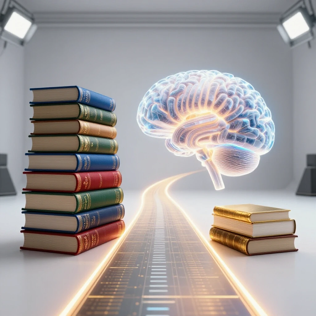 Futuristic scene with glowing path connecting vibrant academic books to a radiant AI brain in a bright studio.