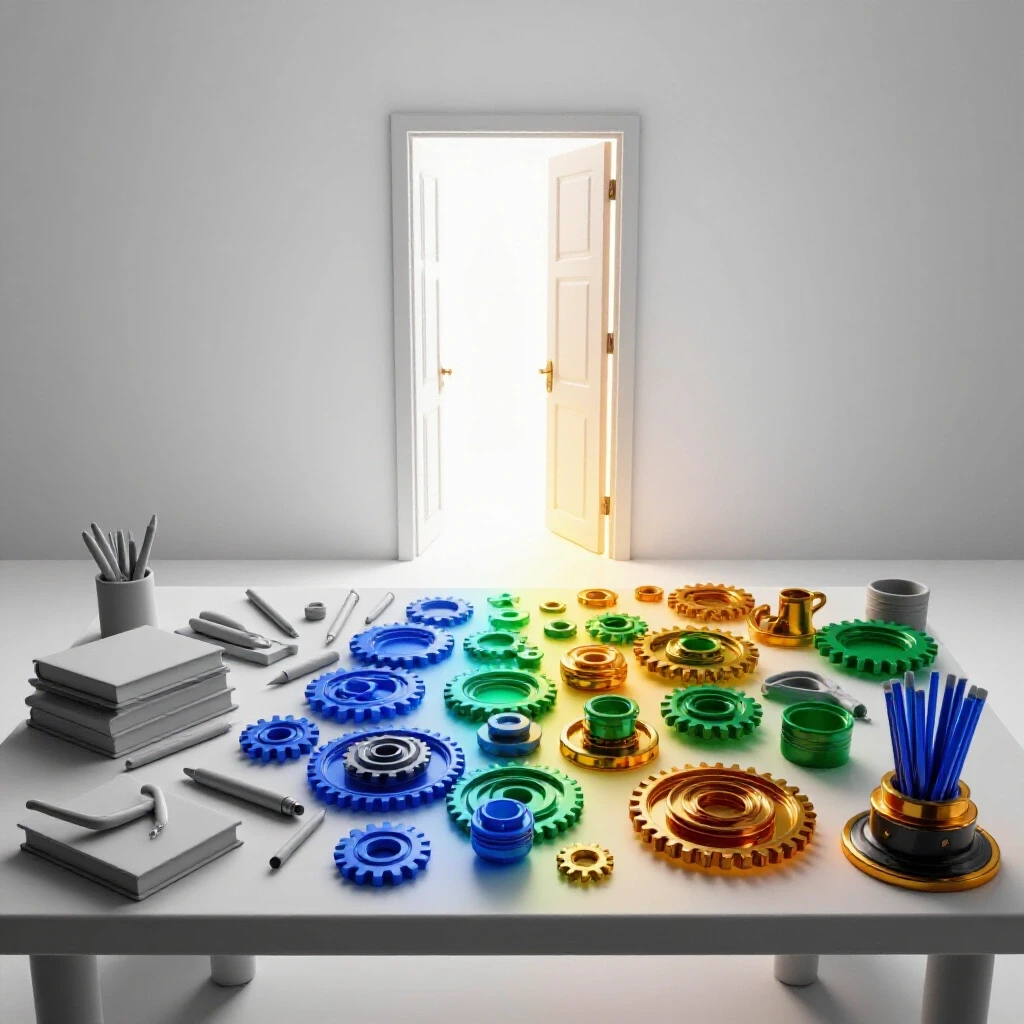 Open doorway radiating vibrant light onto a workspace where grayscale tools transform into vivid, colorful creative objects, symbolizing the unlocking of new potential through learning.
