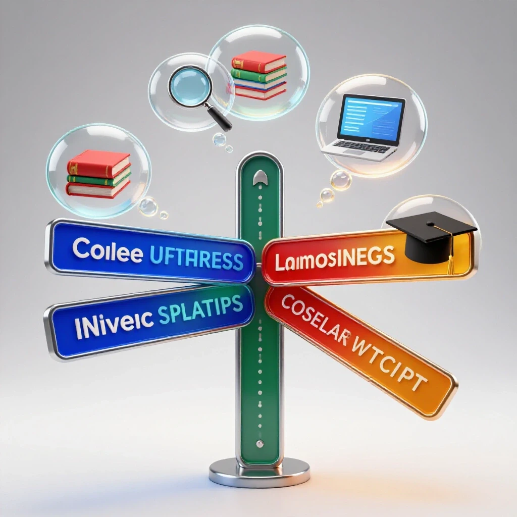 Crossroads sign with vibrant digital pathways and glowing thought bubbles containing research symbols on a bright background.
