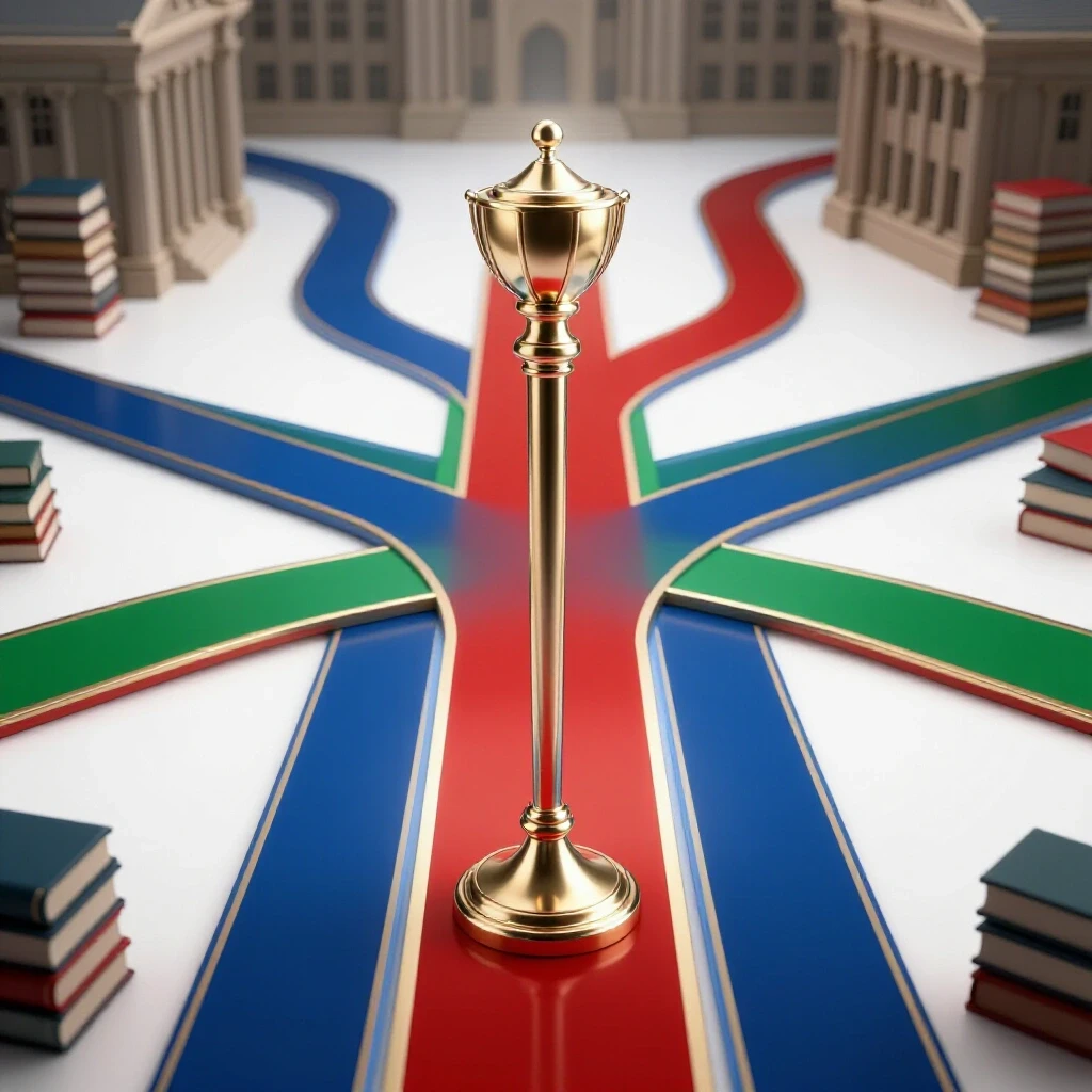 Symbolic academic scepter stands at the center of branching colored pathways under a bright spotlight
