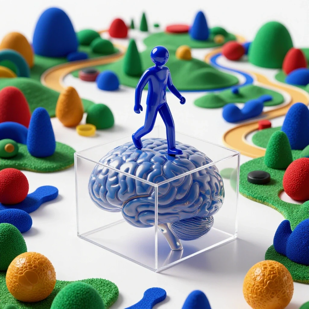 A glossy transparent brain-shaped box with an abstract figure stepping out into a colorful landscape filled with unique objects and pathways.