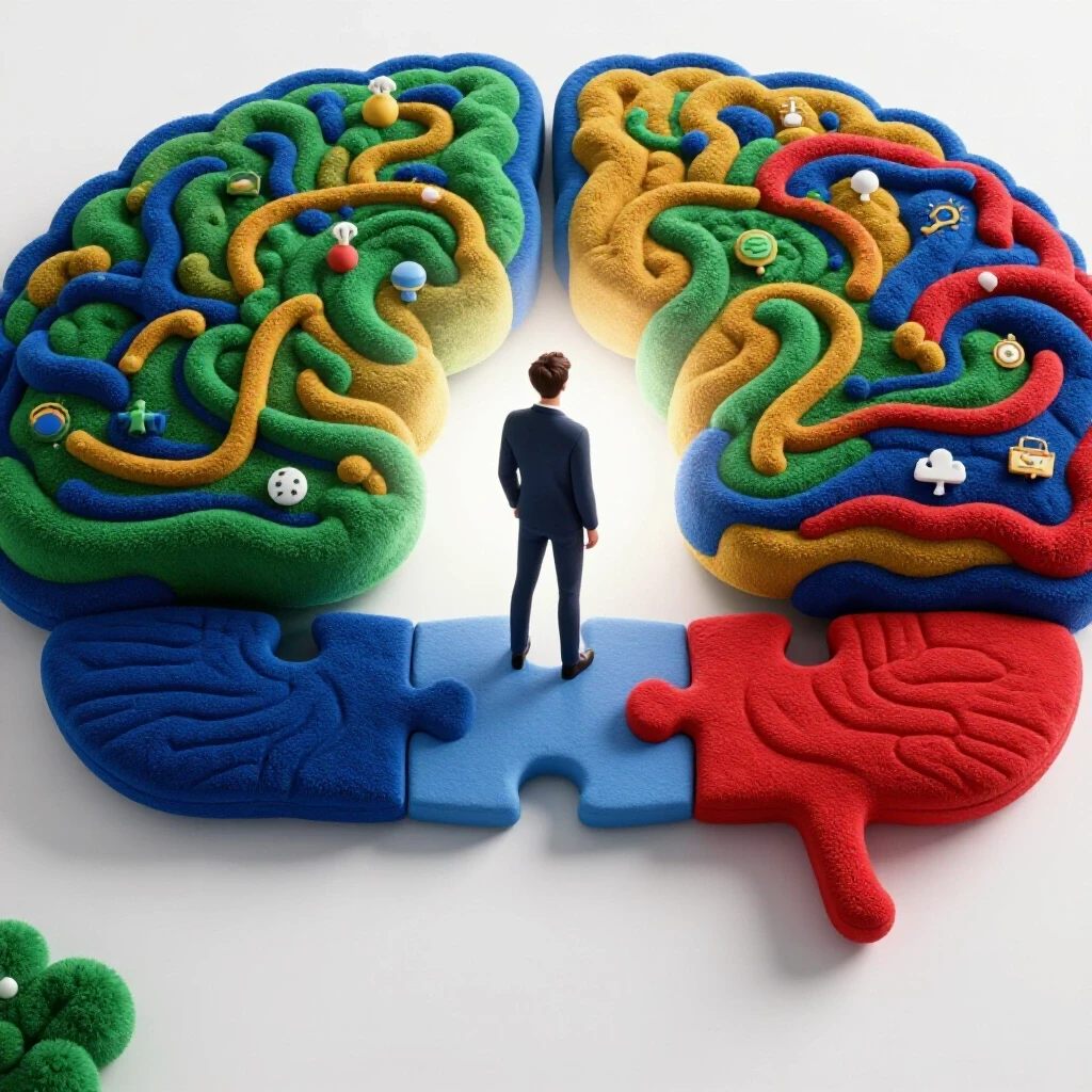 A stylized young adult stands at a puzzle-shaped gap, facing a vibrant brain-shaped landscape filled with pathways.