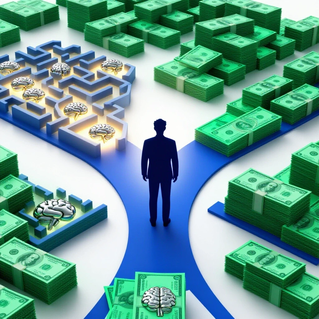 A silhouette stands at a crossroads between paths leading to a maze of brains and a stack of money, brightly lit.