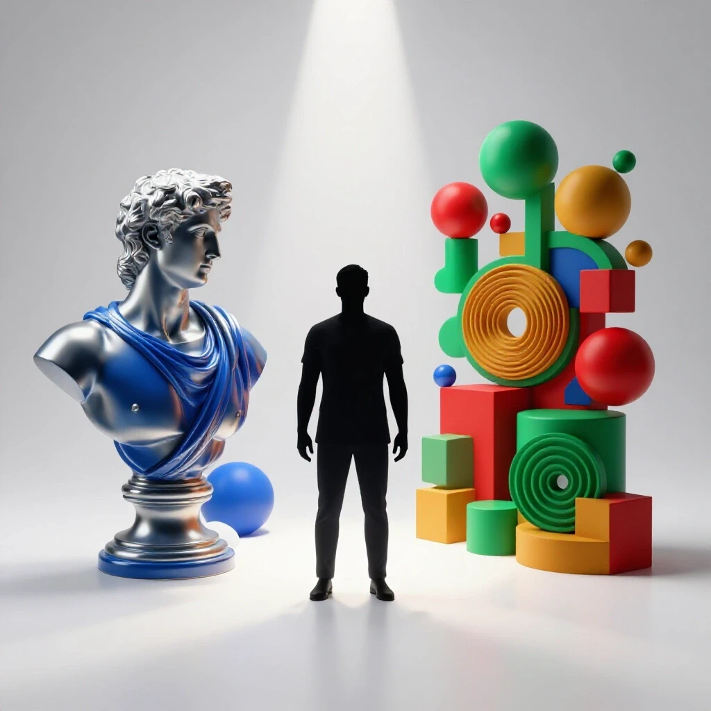 Central figure at a crossroads between a classical blue statue for psychology and vibrant abstract shapes for liberal arts, all on a bright white background.