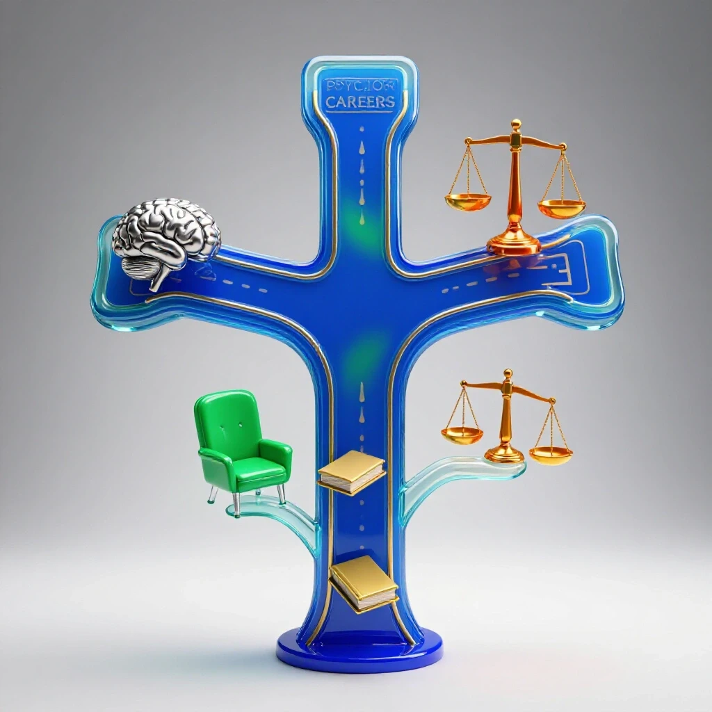 Dynamic crossroads with branching paths transforming into colorful psychology career symbols on a bright background.