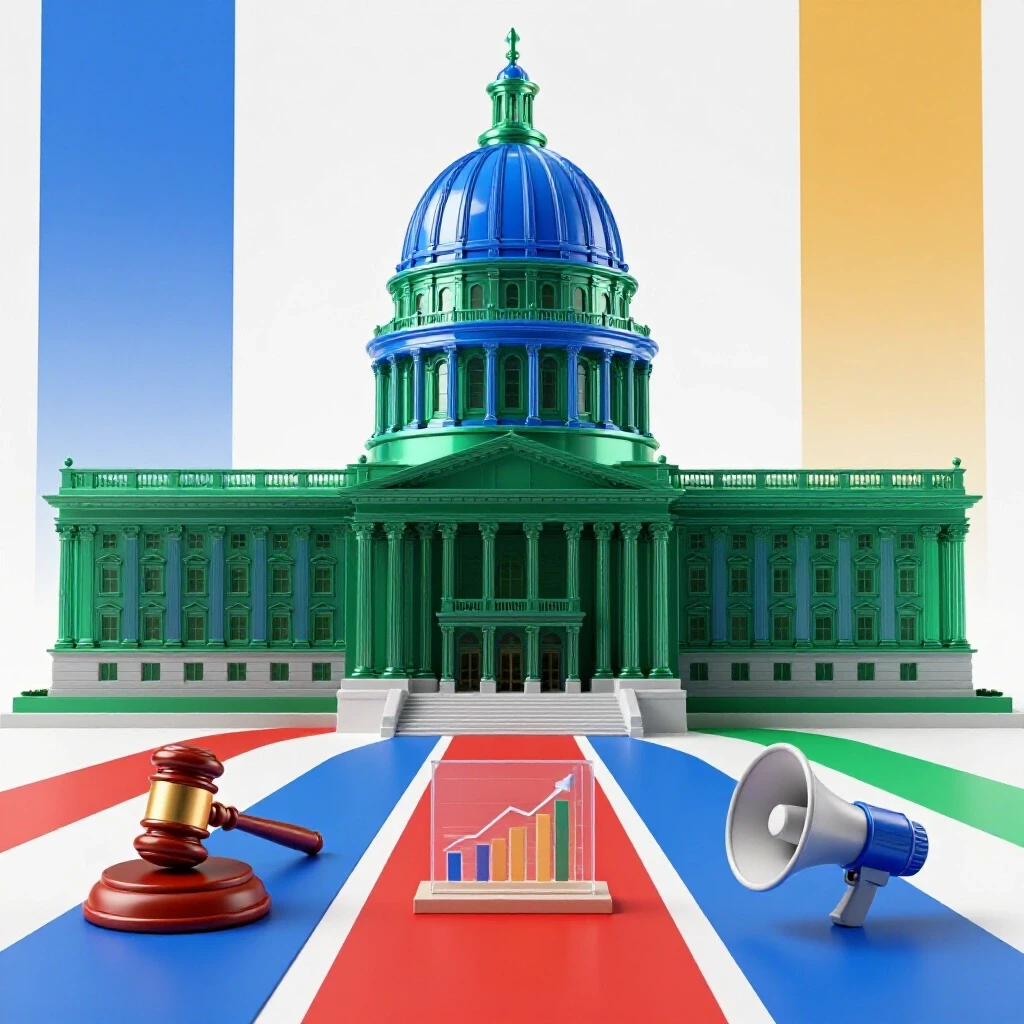 Bold government building with colorful pathways and objects symbolizing diverse public administration careers.
