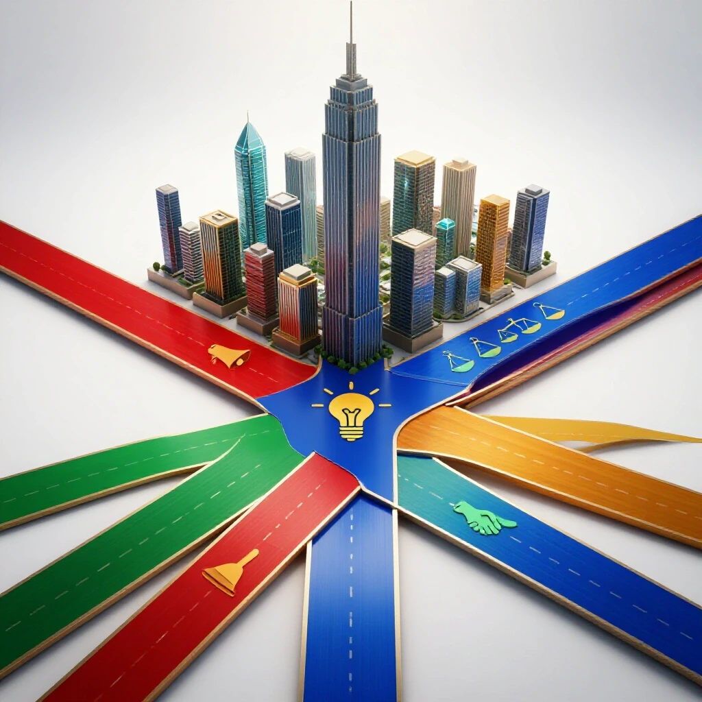 Vivid crossroads of colorful paths leading to a radiant city skyline, surrounded by public affairs symbols.