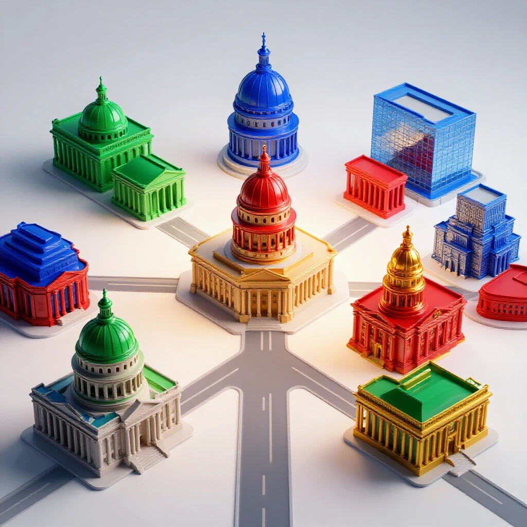 Crossroads lined with vibrant government buildings illuminated on a bright background, symbolizing career paths.
