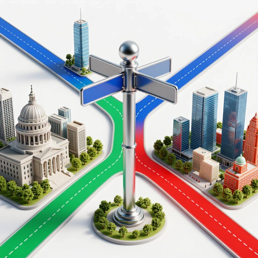 Central crossroads signpost with colorful pathways leading to government, business, and community cityscapes on a bright background.