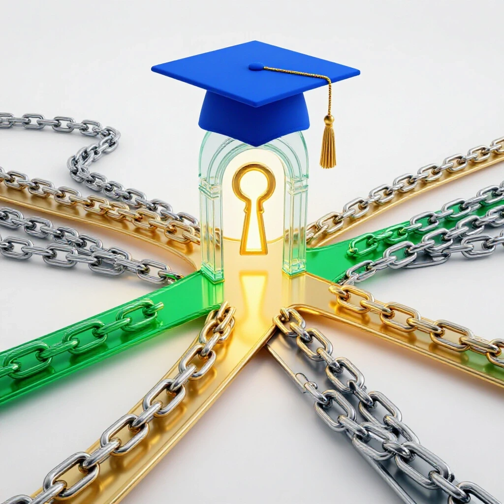 Graduation cap at a crossroads; one path tangled with chains, another leads to a glowing golden keyhole.