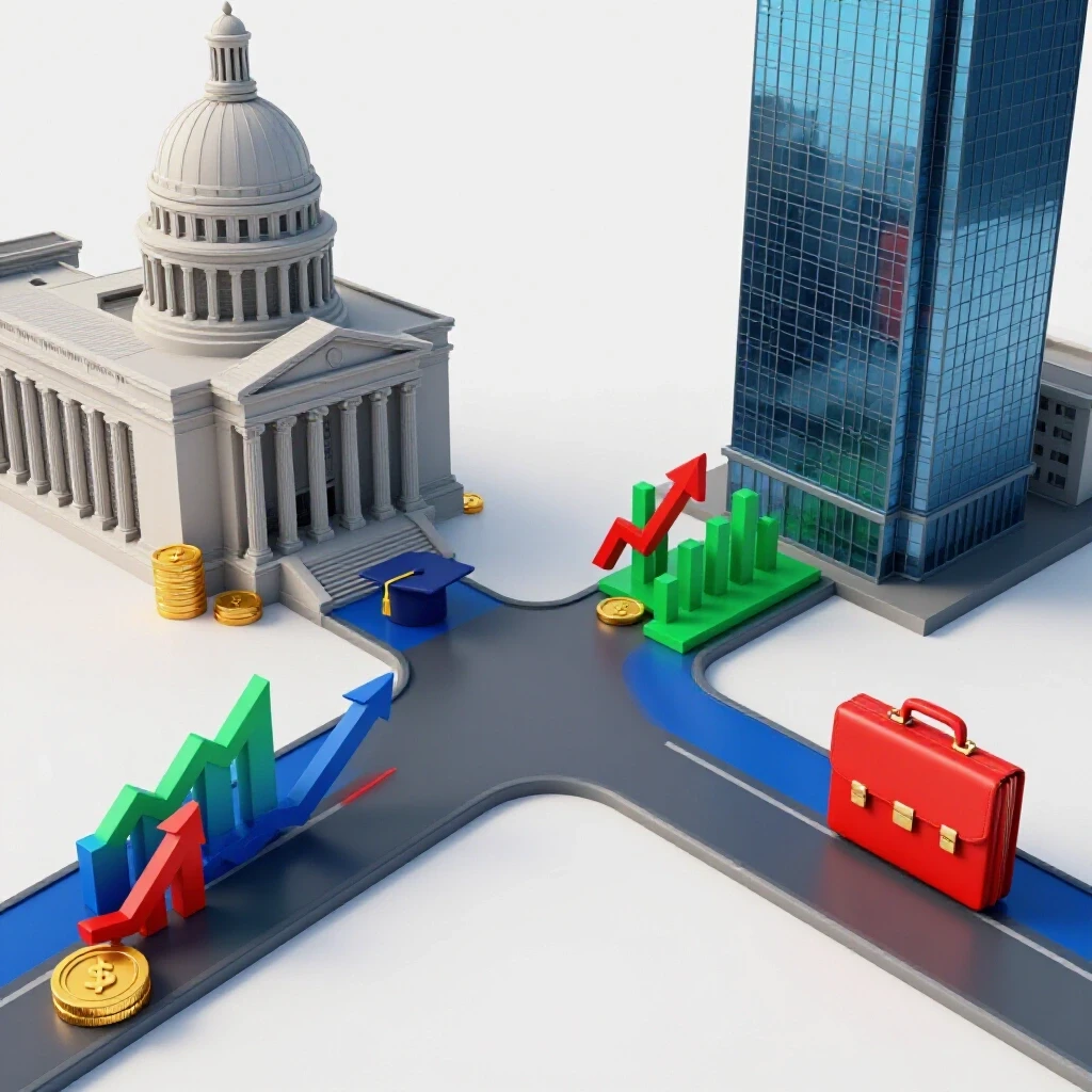 Split-scene crossroads showing a government building and corporate skyscraper with investment symbols on each path.