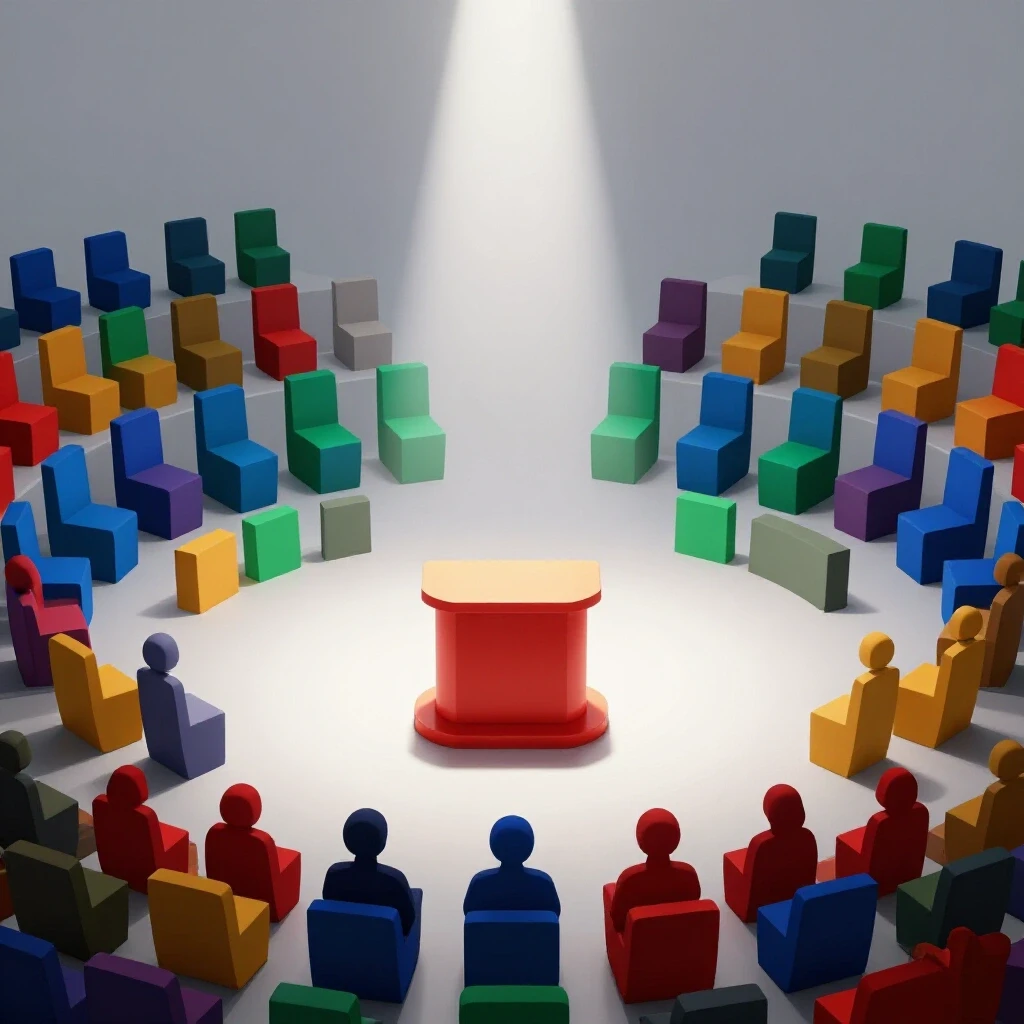 Colorful spotlighted podium with vivid 3D audience shapes on a luminous studio background.