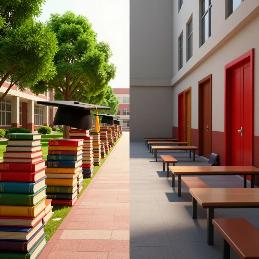 A split image showing a bright, vibrant university campus contrasted with empty halls and closed classroom doors.