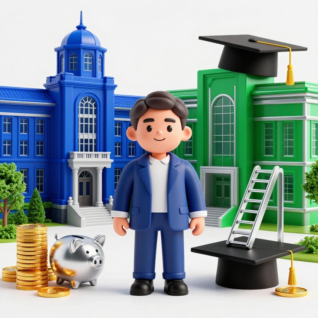 Split scene showing a traditional university and a modern academic building, with coins, piggy bank, graduation cap, and career ladder representing cost and value.