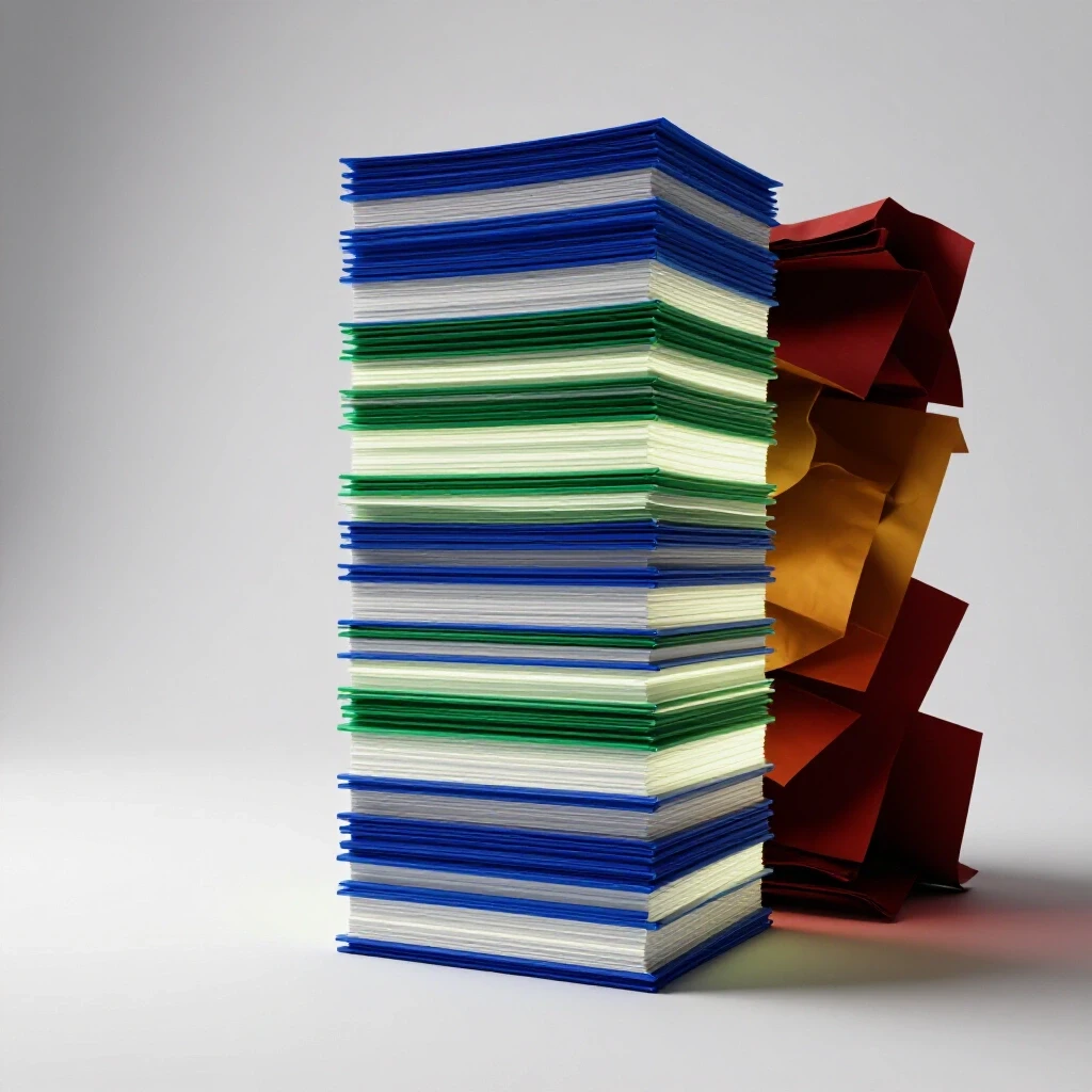 Split scene with glowing blue and green research papers stacked on one side and shadowed, hidden crimson papers on the other, in a bright studio setting.