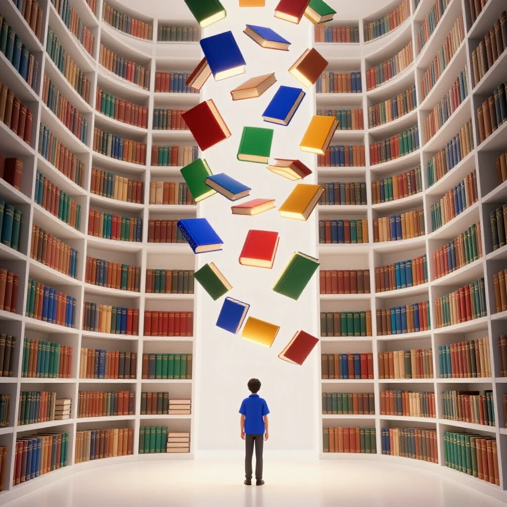 A student stands at the base of a towering bookshelf as glowing, richly colored books float upward like steps, set against a bright white background.