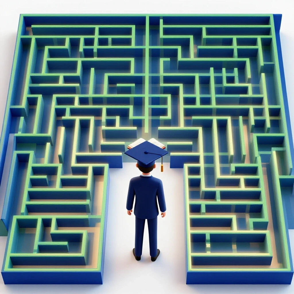 A glowing, complex maze in deep colors stands on a luminous background, symbolizing exam challenges.