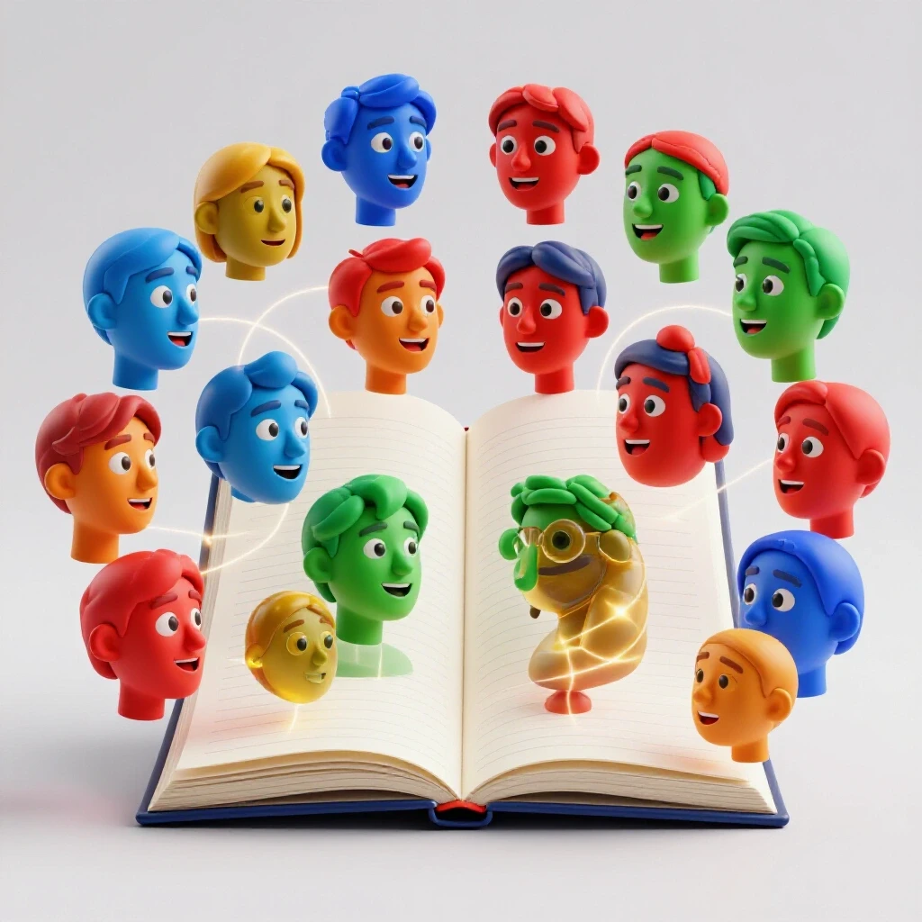 Open notebook surrounded by colorful expressive faces with glowing lines symbolizing conversation and insights