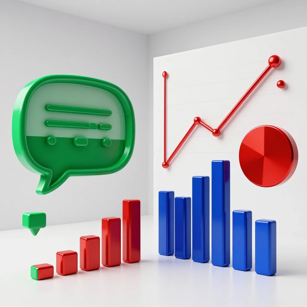 Split scene showing vibrant icons for interviews on one side and bold 3D charts and graphs on the other, contrasting styles.