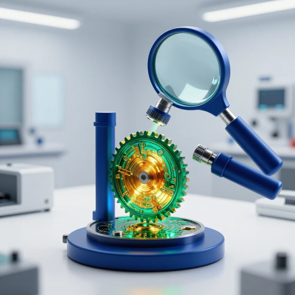 Glowing intricate product part examined with a magnifying glass in a bright, modern lab environment.
