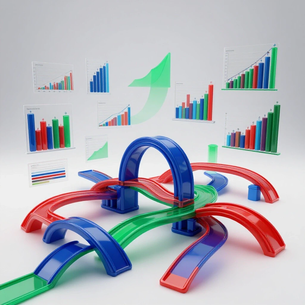 Colorful data charts and graphs morph into glossy bridges and pathways on a bright, clean background.