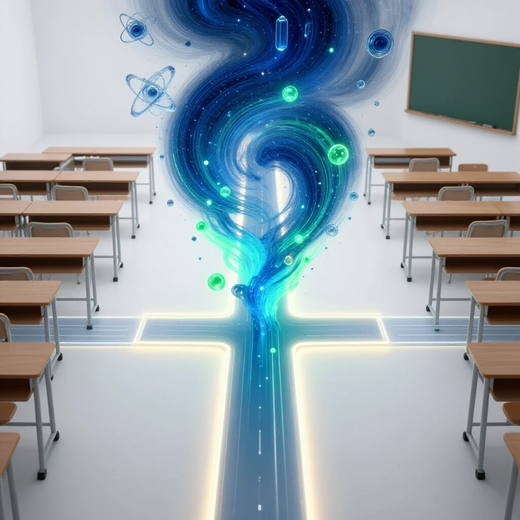 Glowing crossroads branching into a vibrant quantum universe and a fading traditional classroom scene.
