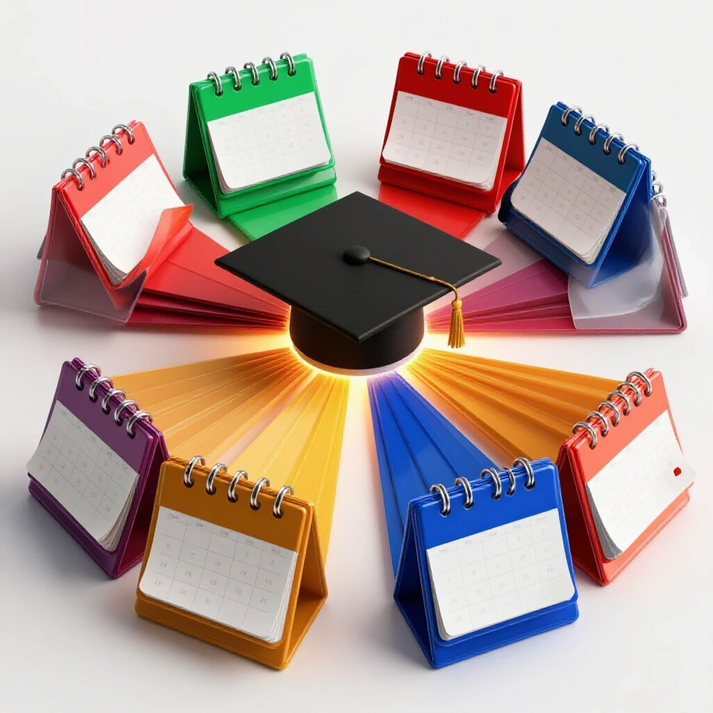 A four-segmented colorful calendar with pathways converging on a graduation cap, set on a radiant white background.