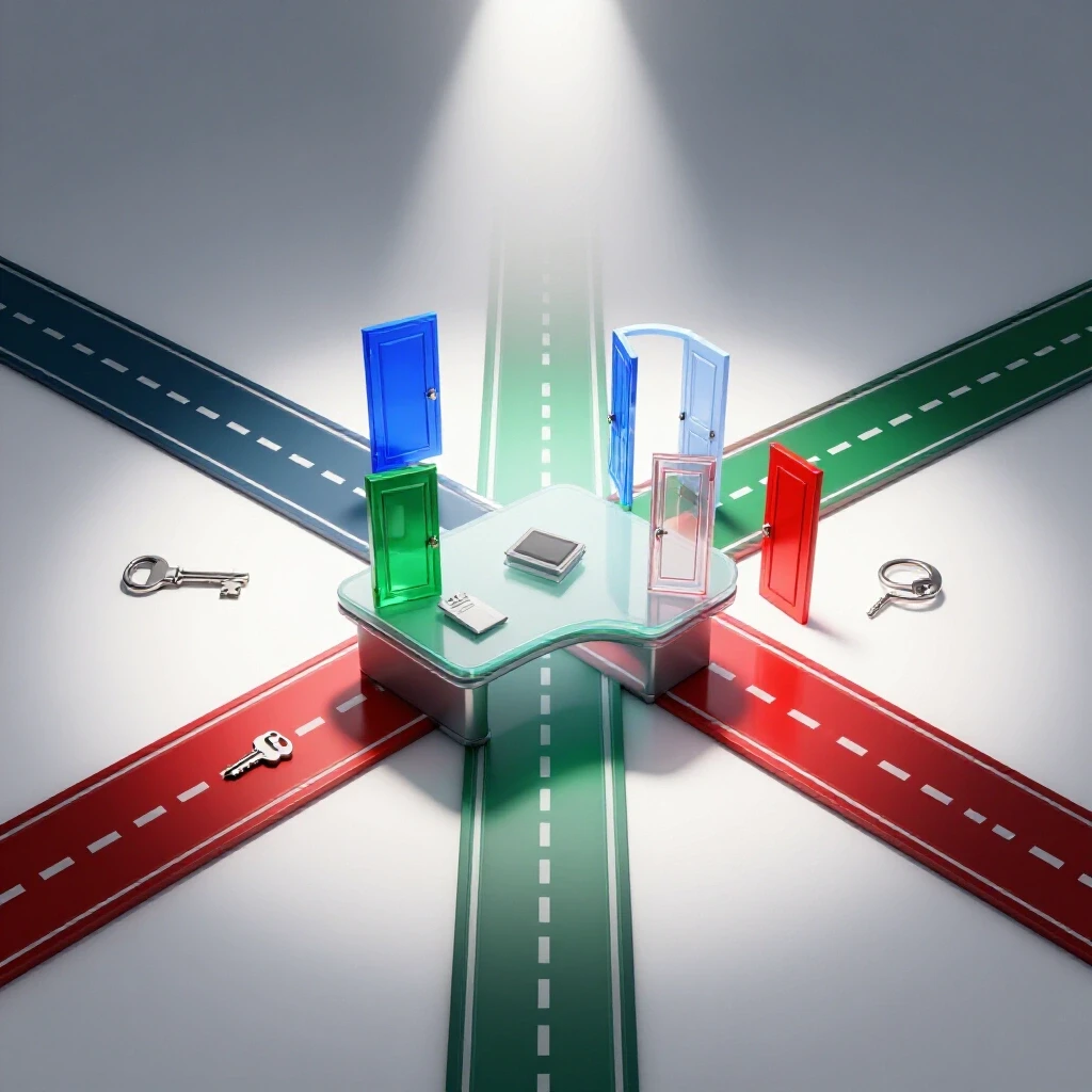 Desk with advisor objects at crossroads spotlighted among pathways, keys, and open doors representing financial guidance decisions.