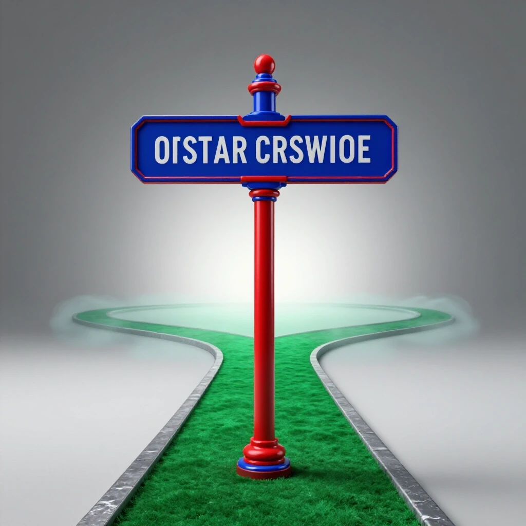 A vibrant 3D crossroads signpost with clear and foggy paths symbolizing the dilemma of quitting a master's degree.