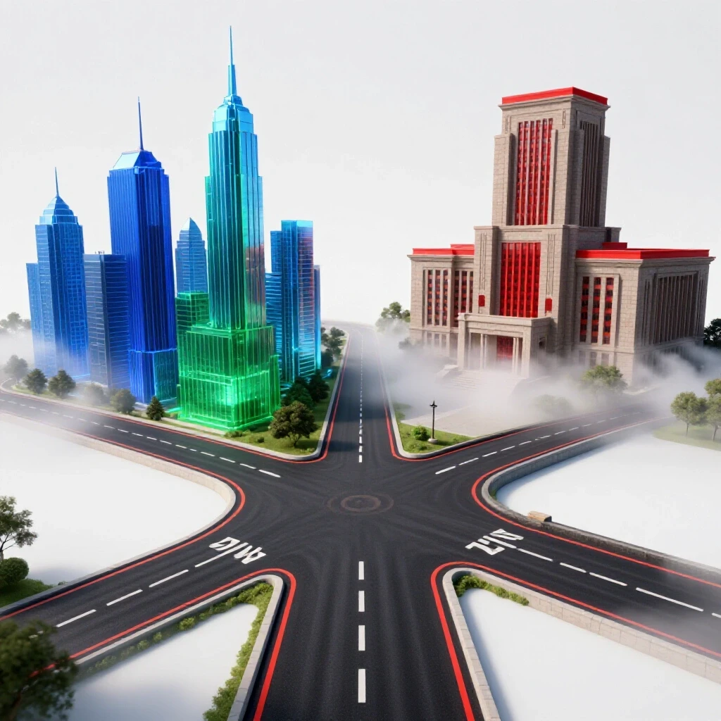 A crossroads splits toward a vibrant city skyline and a mist-shrouded university building, symbolizing a pivotal career decision.