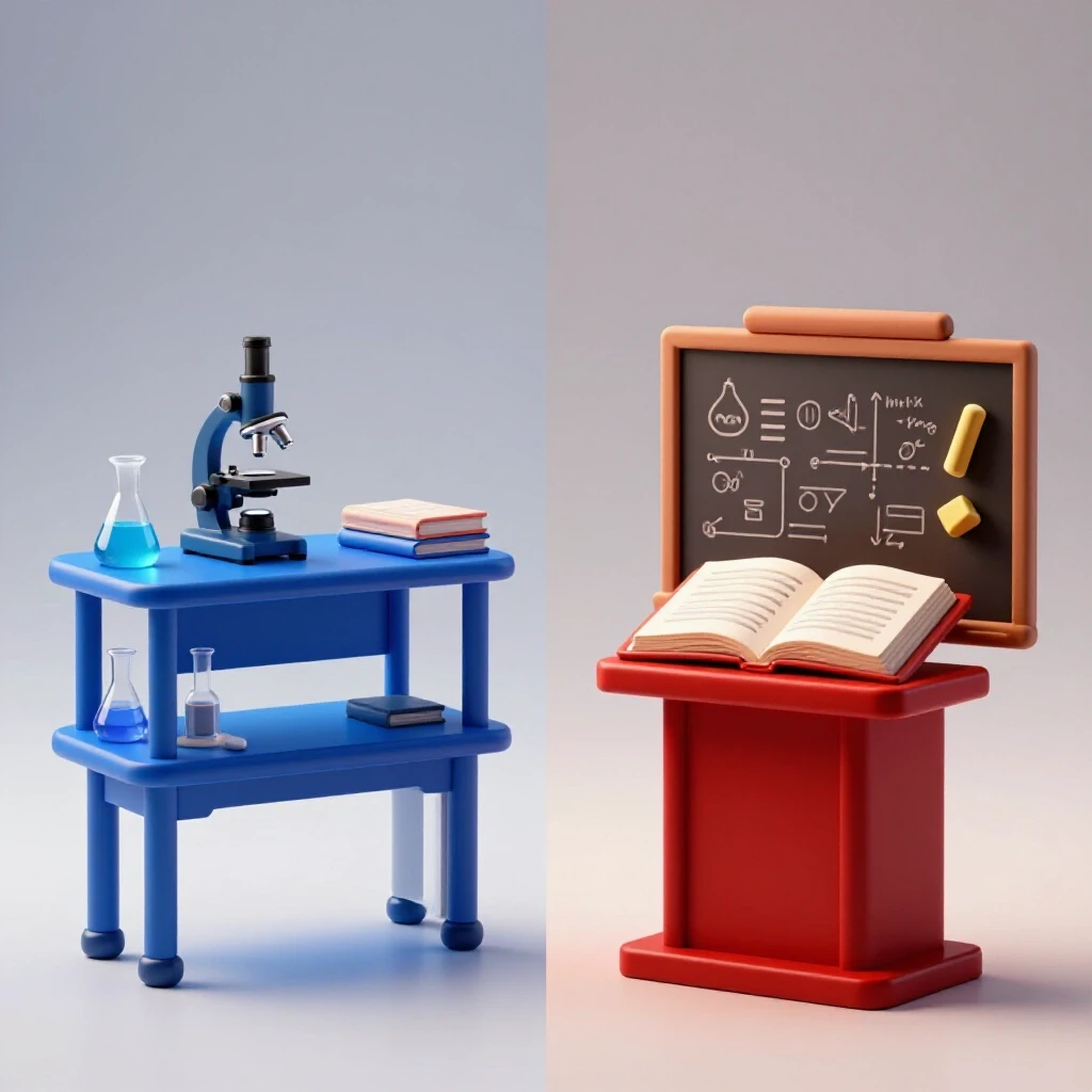 Split scene with research equipment on one side and teaching tools on the other, each brightly lit in vivid colors.